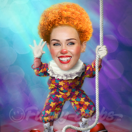 Cartoon: Miley Cyrus (medium) by funny-celebs tagged miley,cyrus,singer,actress,songwriter,hannah,montana,bangerz,wrecking,ball,tongue,clown
