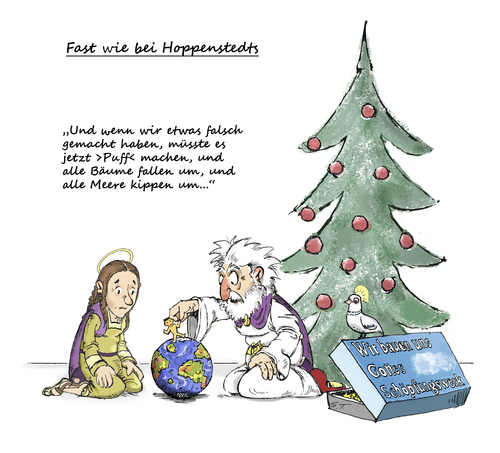 Cartoon: Der Schöpfungsfehler (medium) by Simpleton tagged welt,erschaffung,schöpfung,christus,jesus,gottsohn,gottvater,gott,loriot,atomkraftwerk,hoppenstedts,weihnachten,weihnacht