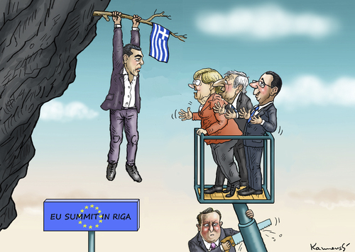 Cartoon: EU GIPFEL IN RIGA (medium) by marian kamensky tagged alexis,tsipras,griechenland,rettungsschirm,eu,gipfel,in,riga,griechowestern,alexis,tsipras,griechenland,rettungsschirm,eu,gipfel,in,riga,griechowestern