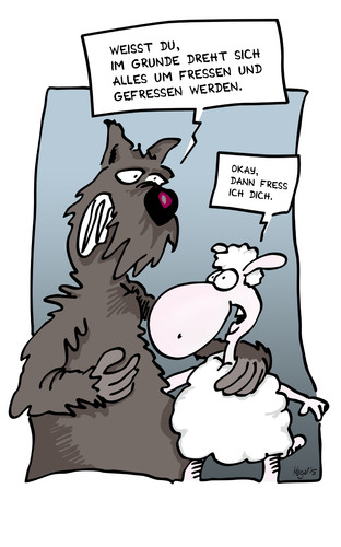 Cartoon: Entscheidung (medium) by Mergel tagged kampfgeist,passiv,opfer,verlierer,sieger,fressen,nahrungskette,schaft,wolf,wahl,entscheidung