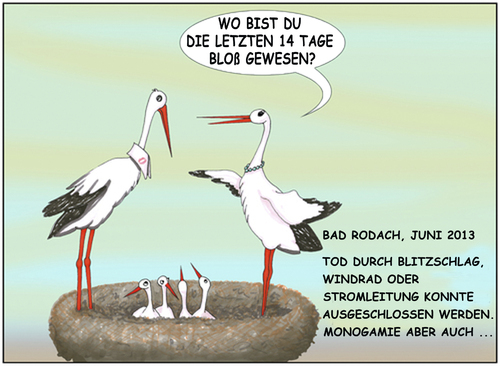 Cartoon: Storch auf Abwegen (medium) by SoRei tagged sorgen,untreue,sexuelle,auszeit,monogamie,fremdgehen,küken,paar,comeback,rodach,bad,storch