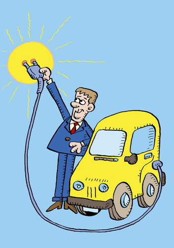 Cartoon: Elektroauto (medium) by astaltoons tagged solarenergie,elektroauto,steckdose,sonne,strom,energie,mann,gelb,auto