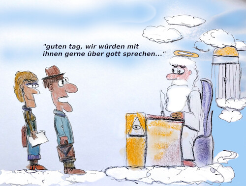 Cartoon: die unerbittlichen zeugen j. (medium) by ab tagged gott,glaube,jehova,mensch,mission