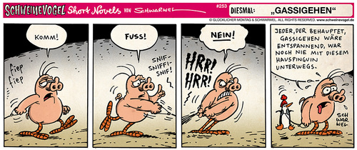 Cartoon: Schweinevogel Gassigehen (medium) by Schweinevogel tagged gassigehen,entspannen,tiere,erziehen,pinguine,haustiere,comicstrip,comic,funny,novel,short,schwarwel