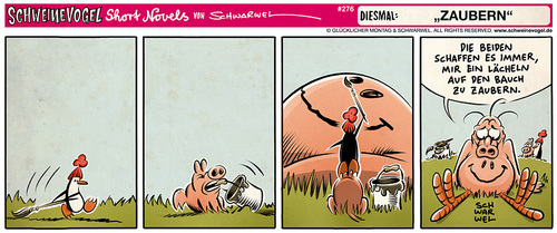 Cartoon: Schweinevogel Zaubern (medium) by Schweinevogel tagged überraschung,freude,malen,bauch,pinsel,zaubern,lächeln,haustiere,pinkel,sid,schweinevogel,comicstrip,comic,funny,novel,short,schwarwel,spass