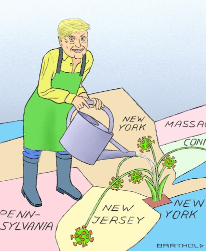 Cartoon: Does he Know what he is Doing? (medium) by Barthold tagged donald,trump,corona,virus,covid,19,sars,cov2,hotspot,new,york,jersey,connecticut,containment,stemming,propagation,gardener,watering,can,plant,offshoots,map,america,east,coast,decision,against,quarantine,caricature,barthold,he,donald,trump,corona,virus,covid,19,sars,cov2,hotspot,containment,stemming,propagation,gardener,watering,can,plant,offshoots,map,america,east,coast,decision,against,quarantine,caricature,barthold