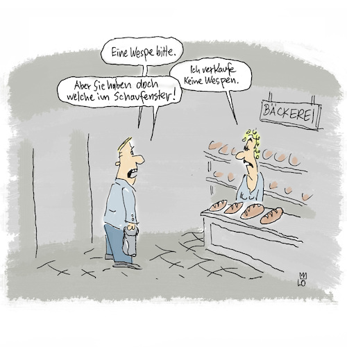 Cartoon: Wespen in der Bäckerei (medium) by Lo Graf von Blickensdorf tagged wespen,bäckerei,verkäuferin,brot,kuchen,wespen,bäckerei,verkäuferin,brot,kuchen