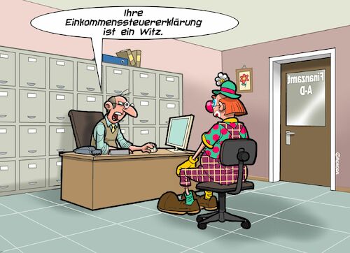 Cartoon: Finanzamt (medium) by Chris Berger tagged steuererklärung,einkommenssteuer,finanzamt,beamter,clown,steuererklärung,einkommenssteuer,finanzamt,beamter,clown