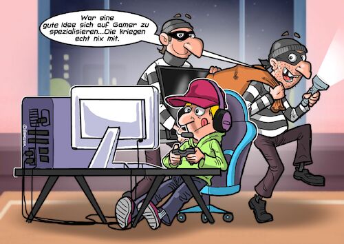 Cartoon: gamer (medium) by Chris Berger tagged gamer,pc,computerspiele,einbrecher,burglar,verbrechen,gamer,pc,computerspiele,einbrecher,burglar,verbrechen