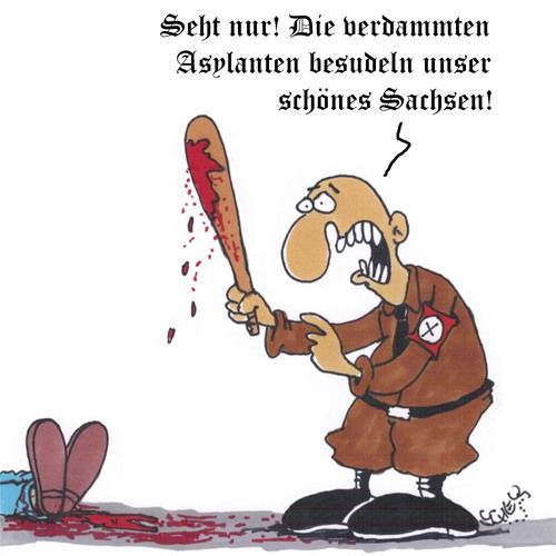 Cartoon: Besudelt! (medium) by Karsten Schley tagged nazis,sachsen,ostdeutschland,flüchtlinge,rechtsextremismus,hass,politik,demokratie,gesellschaft,deutschland,nazis,sachsen,ostdeutschland,flüchtlinge,rechtsextremismus,hass,politik,demokratie,gesellschaft,deutschland
