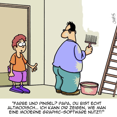 Cartoon: Voll Altmodisch!! (medium) by Karsten Schley tagged jugend,heimwerken,kinder,eltern,familie,software,computer,technik,it,jugend,familie,eltern,kinder,heimwerken,computer,software,technik,it