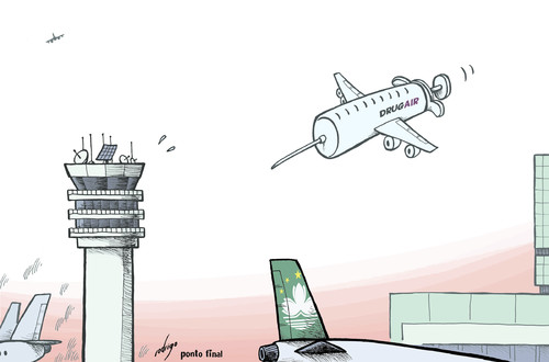 Cartoon: Drug trafficking (medium) by rodrigo tagged crime,police,airplane,airport,security,trafficking,drug