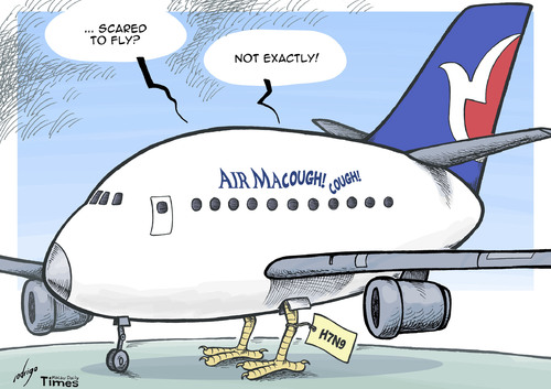 Cartoon: Fluing panic (medium) by rodrigo tagged airplane,passengers,outbreak,h7n9,virus,health,china,asia,avian,flu,bird