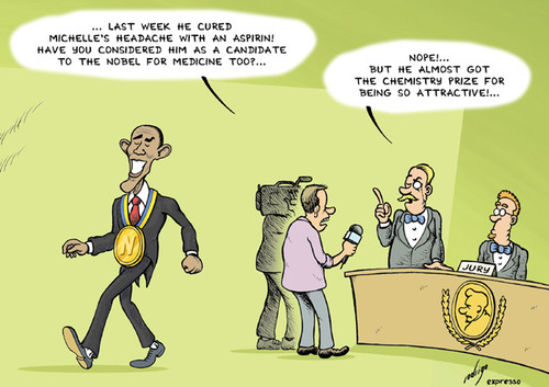 Cartoon: Nobel for Obama (medium) by rodrigo tagged peace,nobel,barack,obama,us,usa,president,war,jury,prize