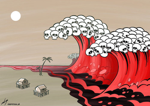 Cartoon: Red Shirt tsunami in Thailand (medium) by rodrigo tagged red,shirt,thailand,government,riot,bangkok,violence,thai,crisis,protest