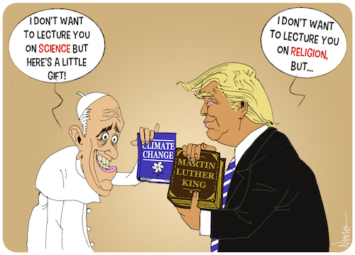 Cartoon: Trump Trumps the Pope (medium) by NEM0 tagged donald,trump,pope,francis,beroglio,mlk,civil,rights,movementclimate,change,martin,luther,king,religion,science,catholic,christian,protestant,lutherian,reform,reformist,baptist,vatican,italy,rome,book,gift,donald,trump,pope,francis,beroglio,climate,change,martin,luther,king,religion,science,catholic,christian,protestant,lutherian,vatican,italy,rome,book,gift
