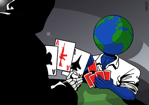 Cartoon: A game with Death (medium) by Enrico Bertuccioli tagged war,earth,death,deadly,life,safety,security,political,global,world,challange,weapons,bloodshed,military,ethical,peace,humanbeings,humanity,card,game,duel,bombing,victims,money,business,war,earth,death,deadly,life,safety,security,political,global,world,challange,weapons,bloodshed,military,ethical,peace,humanbeings,humanity,card,game,duel,bombing,victims,money,business