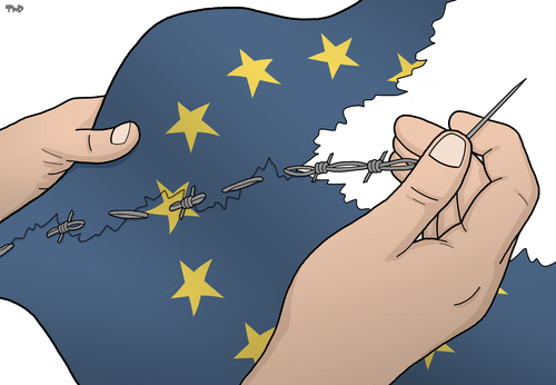 Cartoon: European Flag (medium) by Tjeerd Royaards tagged migrants,migration,crisis,refugee,union,european,brussels,eu,eu,brussels,european,union,refugee,crisis,migration,migrants