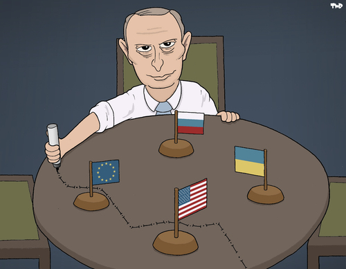 Cartoon: Russia at the negotiating table (medium) by Tjeerd Royaards tagged russia,putin,ukraine,kiev,moscow,crimea,russia,putin,ukraine,kiev,moscow,crimea