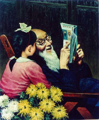 Cartoon: Grandpa (medium) by Lv Guo-hong tagged grandpa,granddaughter,speak,shi,flower