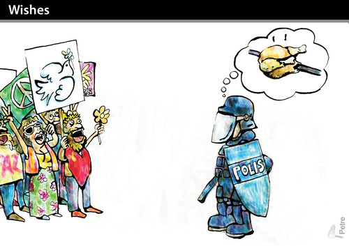 Cartoon: Wishes (medium) by PETRE tagged love,peace,police,riots