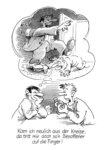 Cartoon: Der Besoffene (medium) by Michael Becker tagged kneipe,betrunken,stammtisch,gespräch,besoffener,stolpern,treten