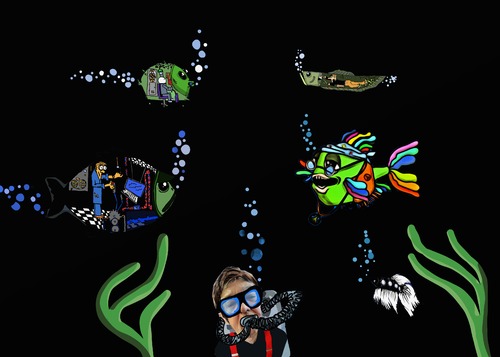 Cartoon: FISHY FRIENDS (medium) by tonyp tagged arp,fish,man,mechanical,friends