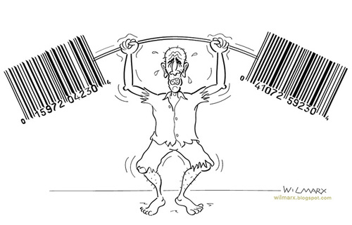 Cartoon: Miserable weightlifting (medium) by Wilmarx tagged barcode,capitalism,poverty