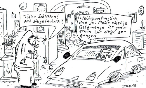 Cartoon: im Wohnraum (medium) by Leichnam tagged wohnraum,automobil,supersportwagen,weltraumtauglich,neigetechnik,geldmenge,toller,schlitten,daumen,hoch