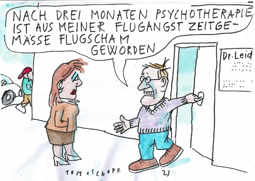 Cartoon: Flugscham (medium) by Jan Tomaschoff tagged angst,scham,fliegen,angst,scham,fliegen