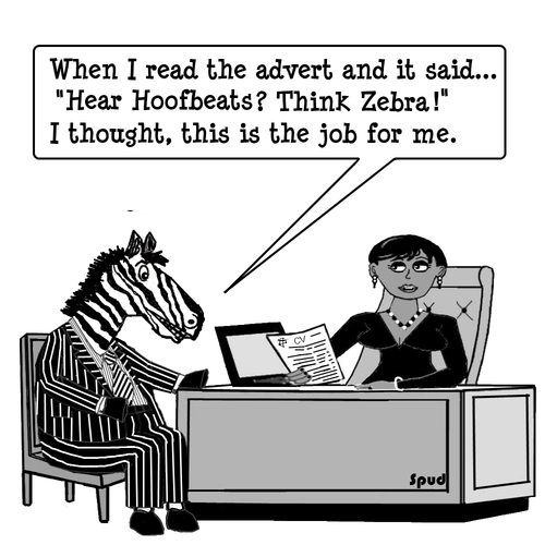 Cartoon: Zebra Interview (medium) by cartoonsbyspud tagged cartoon,spud,hr,recruitment,office,life,outsourced,marketing,it,finance,business,paul,taylor