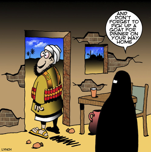 Cartoon: Goat for dinner (medium) by toons tagged suicide,bomber,muslim,extremest,goats,burqa,wife,burka,suicide,bomber,muslim,extremest,goats,burqa,wife,burka