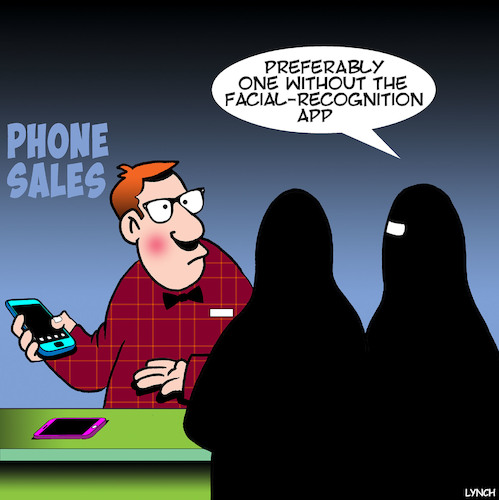Cartoon: New iPhones (medium) by toons tagged iphone,burka,facial,recognition,apps,smartphones,iphone,burka,facial,recognition,apps,smartphones