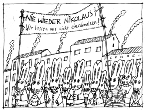Cartoon: OsterHasenDemo (medium) by schwoe tagged schokoosterhase,schokolade,schokoladenikolaus,nikolaus,osterhase,einschmelzen,schmelzen,demo,demonstration