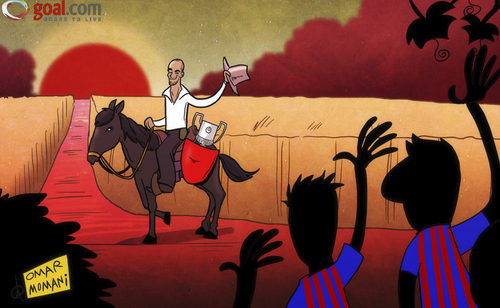 Cartoon: Pep rides off (medium) by omomani tagged barcelona,guardiola,messi,xavi