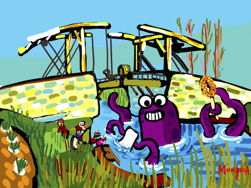Cartoon: Can i join? (medium) by Munguia tagged bridge,arles,paintig,van,gogh,octopus,pulpo,laundry,river,parody