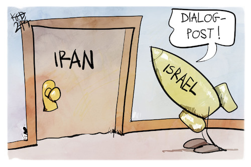 Cartoon: Iran und Israel (medium) by Kostas Koufogiorgos tagged karikatur,koufogiorgos,dialog,post,israel,iran,nahost,krieg,konflikt,karikatur,koufogiorgos,dialog,post,israel,iran,nahost,krieg,konflikt
