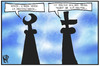 Cartoon: Religionen (small) by Kostas Koufogiorgos tagged karikatur,koufogiorgos,illustration,cartoon,minarett,kirche,kirchturm,kreuz,halbmond,islam,christentum,religion,missverständnis,interpretation