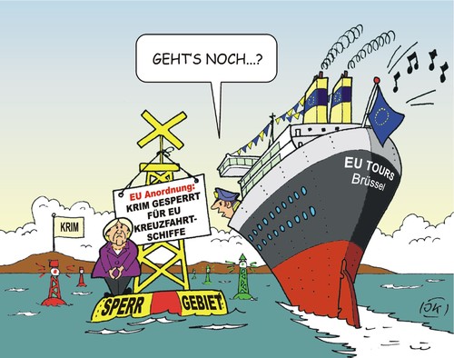 Cartoon: Sperrgebiet (medium) by JotKa tagged ukraine,krim,kiew,eu,russland,sanktionen,krise,ukrainekrise,merkel,schiffe,kreuzfahrten,häfen,schwarzes,meer,putin