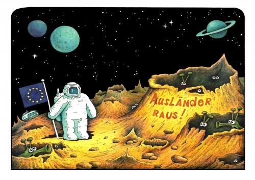Cartoon: ufo (medium) by kurtu tagged no,,eu,ausländer,rassimus,intoleranz,integration,hass,gewalt,angst,weltraum,weltall,planet,mond,astronaut,mondlandung,krater,alien,außerirdischer