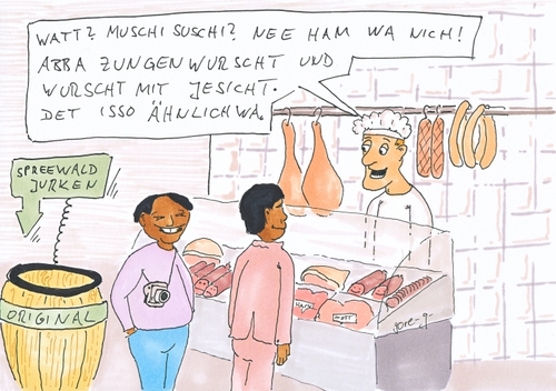 Cartoon: Berlin und seine Gäste (medium) by gore-g tagged touristen,berlin,berliner,fleischer,metzger,suschi