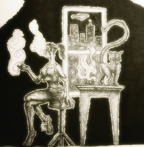 Cartoon: I-dont-care-any-more (medium) by Abe tagged sad,girl,cat,coffee,city,window,scape,ink,almost,naked,cross,legged,anklet,chair,table,careless,numb,question,mark,smoke,black