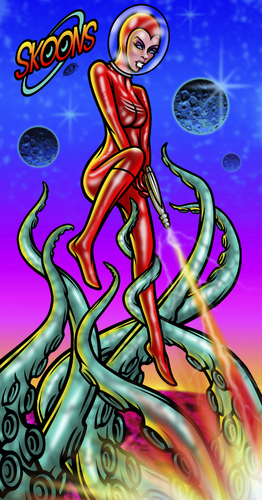 Cartoon: skoons poster-art (medium) by elle62 tagged spacegirl,octopus,skateboards,pin,up