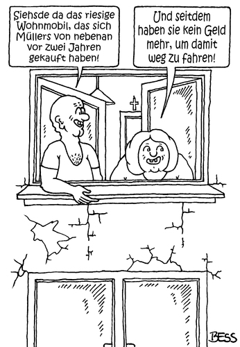 Cartoon: Müllers Wohnmobil (medium) by besscartoon tagged mann,frau,wohnmobil,urlaub,geld,ferien,paar,ehe,beziehung,bess,besscartoon