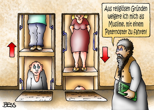 Cartoon: Paternoster (medium) by besscartoon tagged islam,koran,religion,paternoster,christentum,muslime,katholisch,kirche,bess,besscartoon