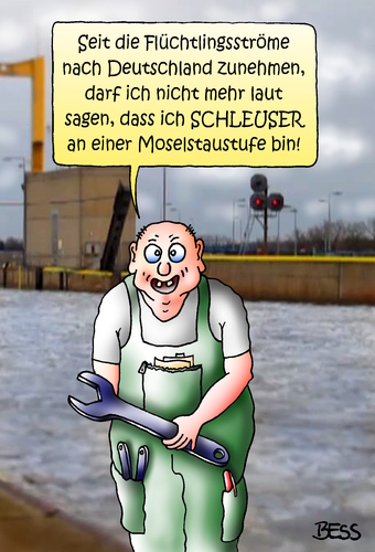 Cartoon: Schleuser (medium) by besscartoon tagged staustufe,asyl,schleuser,flüchtlingsströme,flüchtlinge,flüchtlingsdrama,syrien,deutschland,bess,besscartoon