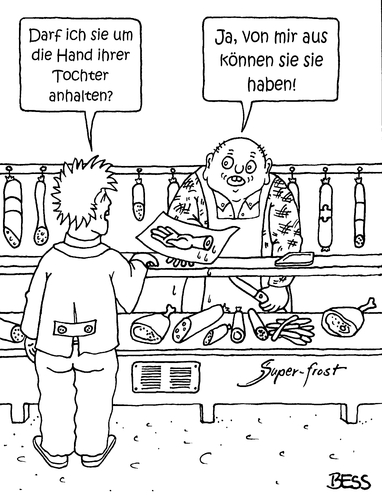 Cartoon: so sind halt Metzger (medium) by besscartoon tagged mann,frau,beziehung,liebe,heirat,hochzeit,hand,anhalten,ehe,metzger,bess,besscartoon