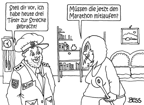 Cartoon: zur Strecke gebracht (medium) by besscartoon tagged mann,frau,polizei,zur,strecke,gebracht,kriminalität,marathon,missverständnis,bess,besscartoon