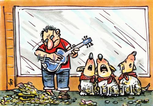 Cartoon: ... (medium) by GB tagged fussgängerzone,geld,strassenmusik,disharmonie,musik,hunde,tiere,singen,city,straßenmusik,straße,musiker,musikant,geld,einkommen,job,karriere,arbeit,lohn,gehalt,fußgängerzone,musik,harmonie,tiere,hunde,hund,haustier,singen,gitarre,obdachlos,obdachloser,heulen,jaulen,chor