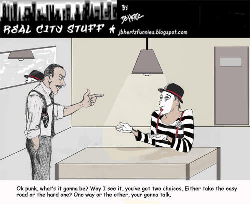 Cartoon: mime grilling (medium) by optimystical tagged mime,law,interrogation,talk,informant,criminal,detective,mute